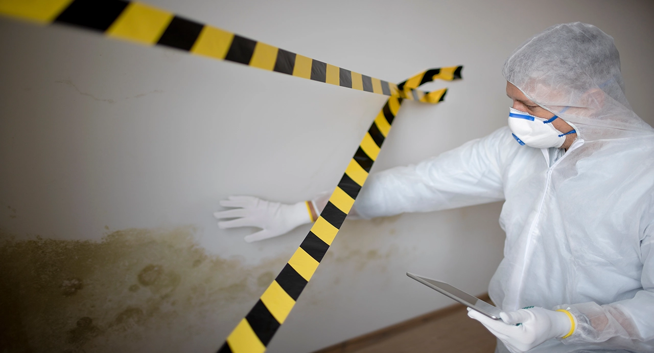 Member of Elmbridge Mould Removal staff dressed in white overalls inspecting mould on a wall.