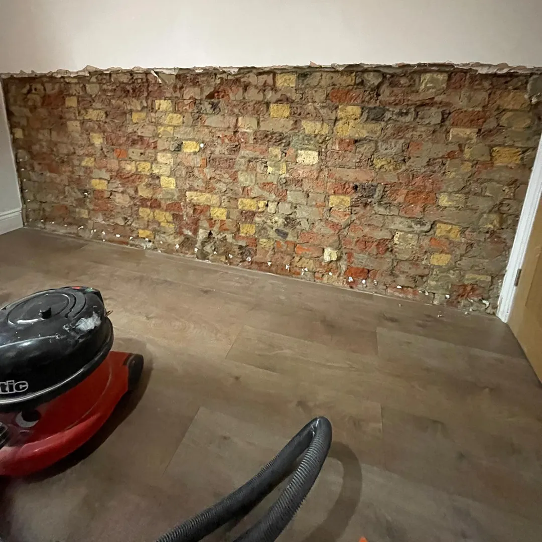 Exposed brickwork on lower half of wall after extensive mould removal.