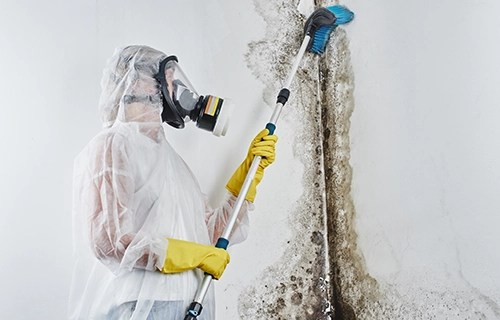 Man in white suit and mask treating mould on a wall.